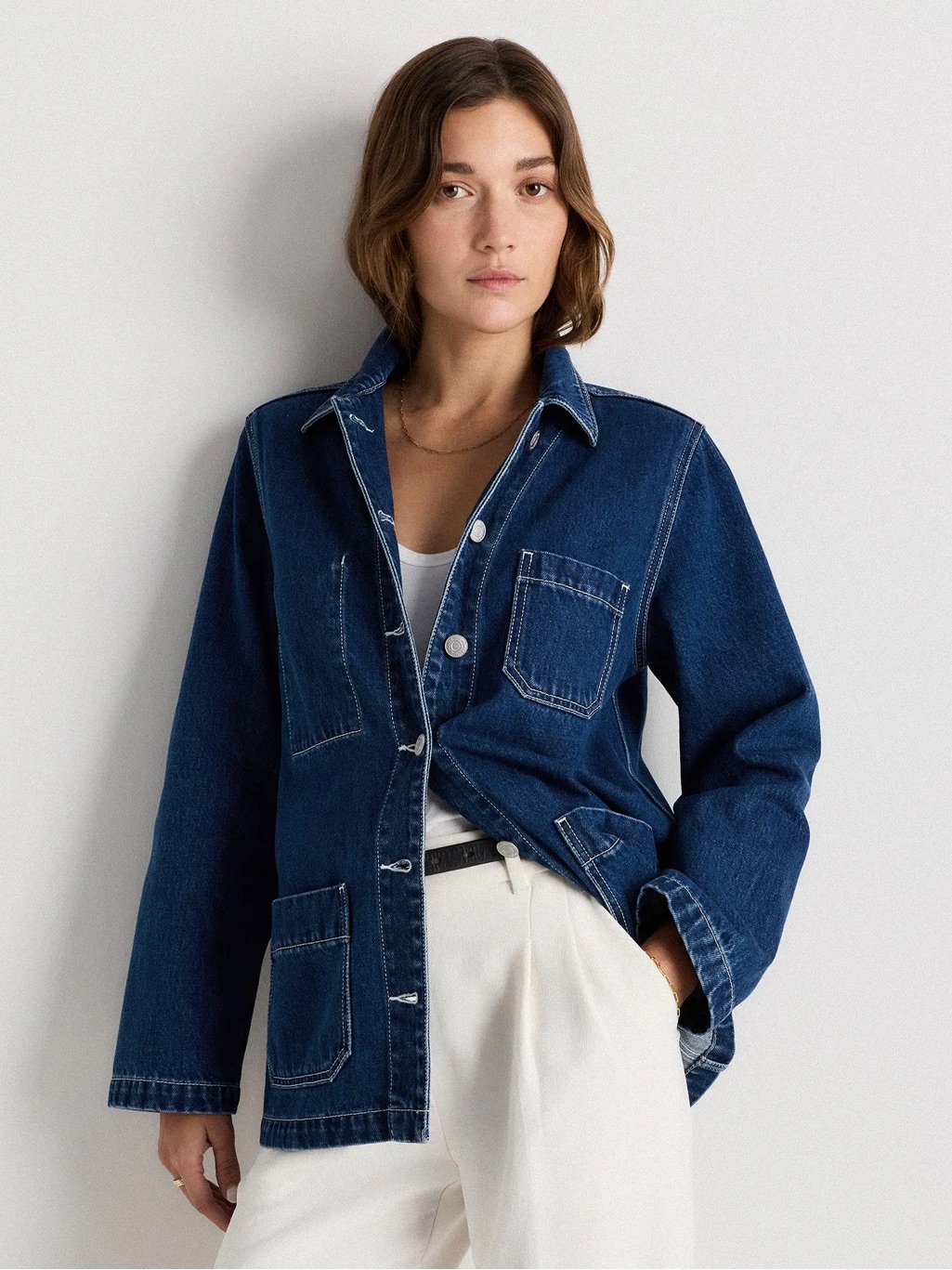 New Quince Womens Medium Organic Cotton Denim Chore Coat Jacket Dark Indigo Nwt